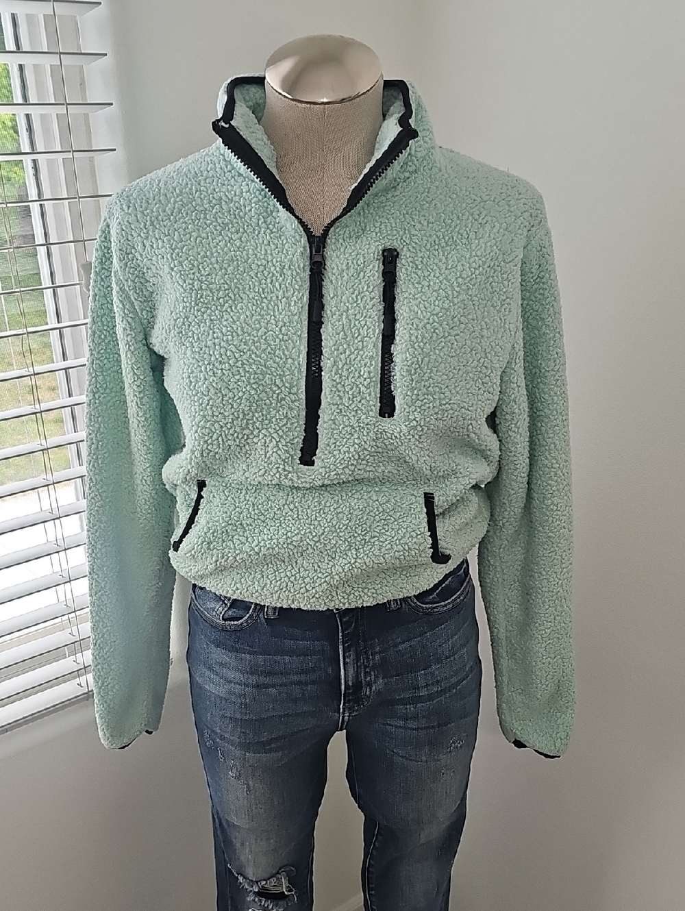 Mint Green Sherpa Quarter-Zip Pullover Sweater